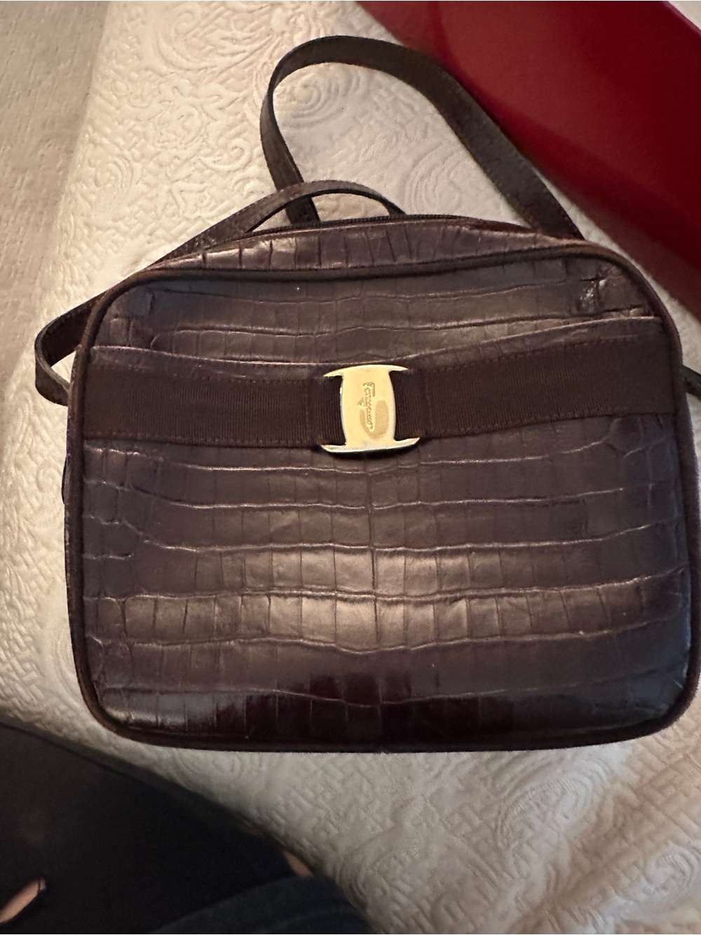Salvatore Ferragamo Brown Croc-Embossed Leather Bag